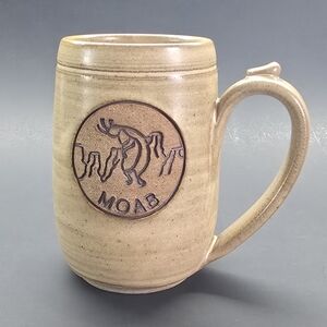 Moab Embossed Pottery Mug Coffee Tan Hand Thrown Signed South Western Zuni